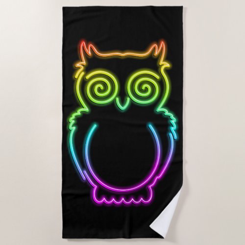 Owl Psychedelic Neon Light Button Beach Towel