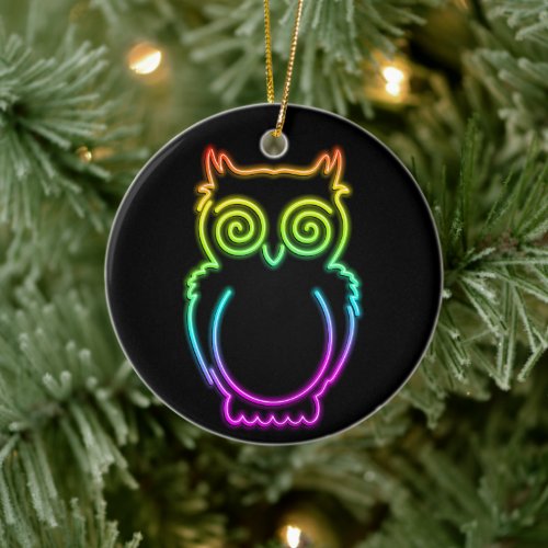 Owl Psychedelic Neon Light Button Ceramic Ornament