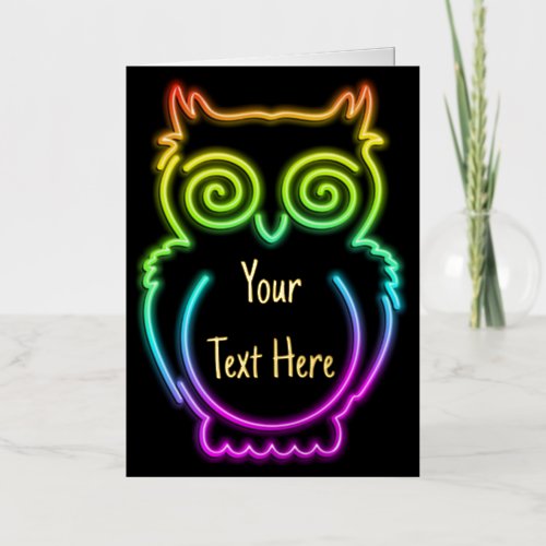 Owl Psychedelic Neon Light Button Foil Greeting Card