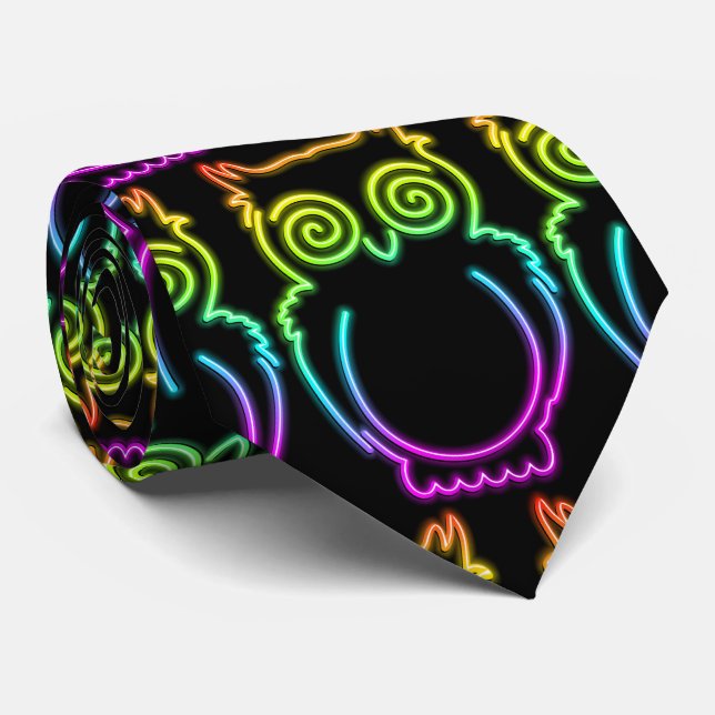 Owl Psychedelic Neon Light Button Neck Tie (Rolled)