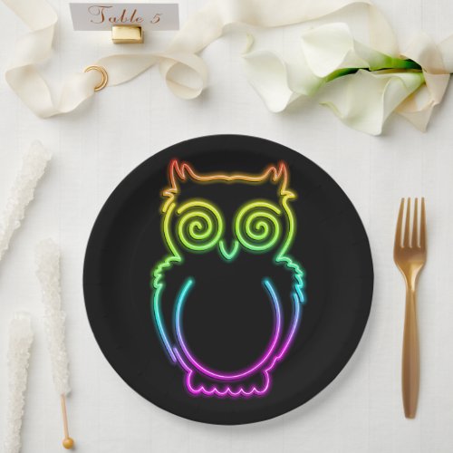 Owl Psychedelic Neon Light Button Paper Plates