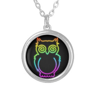 Owl Psychedelic Neon Light Button Silver Plated Necklace