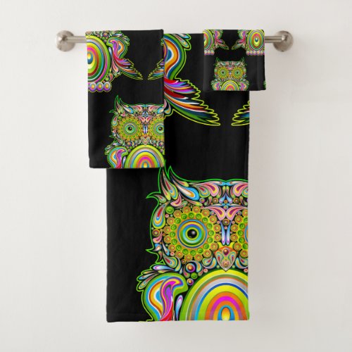 Owl Psychedelic Popart Tapestry Magnet Bottle Open Bath Towel Set