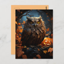 Owl, Pumpkin, and a Full Moon Halloween Postcard