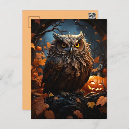 Owl Pumpkin and a Full Moon Halloween  Postcard