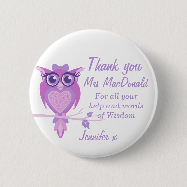 Owl purple teacher thank you button badge (Front)