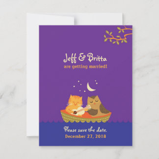 Owl & Pussycat Save the Date (Purple and Blue) Invitation