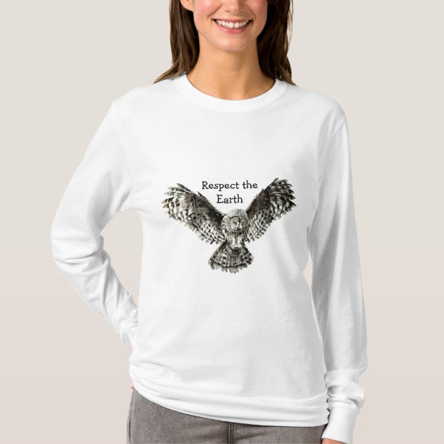 Owl, Respect the Earth Native American Quote T-Shirt (Front)