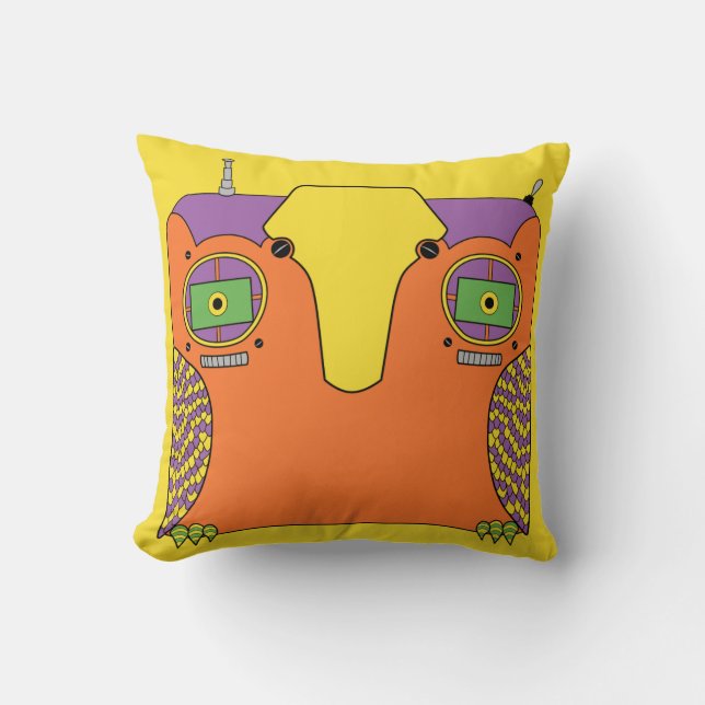 Owl Robot Orange Yellow Green Purple Throw Pillow (Front)