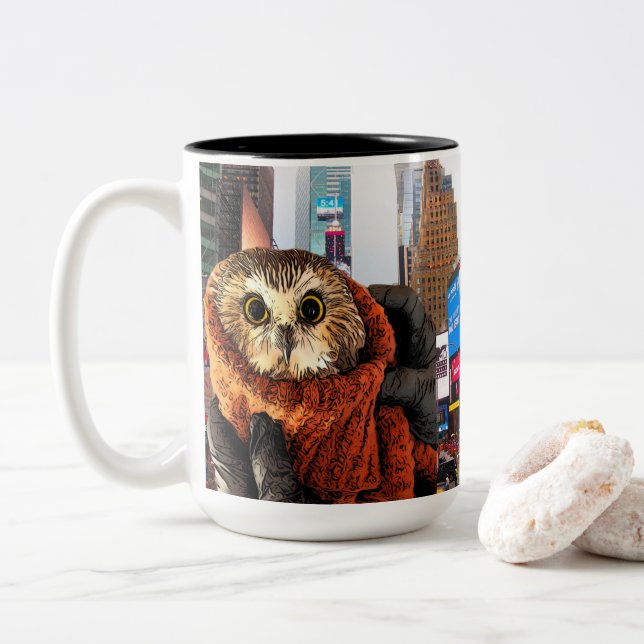 Owl, Rockefeller, 2-sided, Two-Tone Coffee Mug (With Donut)