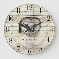 Owl Rustic Light Wood Family Name Large Clock