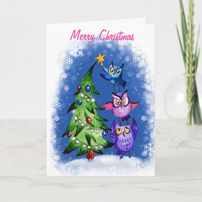 OWl`s Christmas blue Holiday Card (Front)