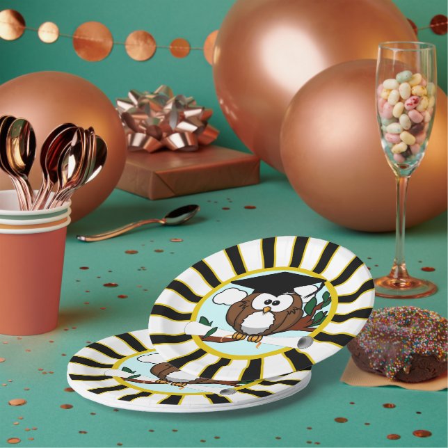 Owl School Colors Black And Gold Graduation Paper Plates (Multi)