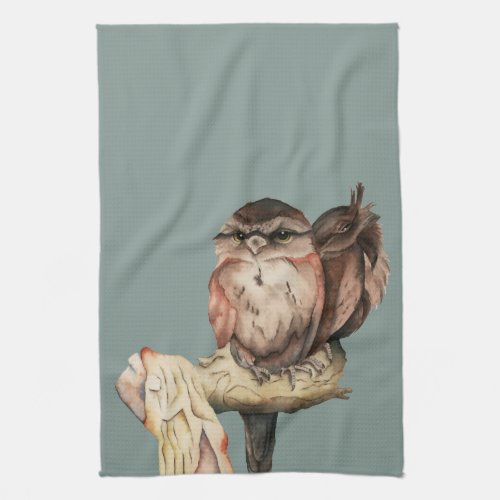 Owl Siblings Watercolor Portrait Kitchen Towel