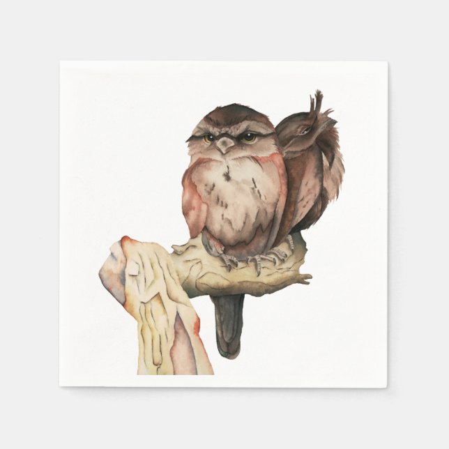 Owl Siblings Watercolor Portrait Paper Napkins (Front)
