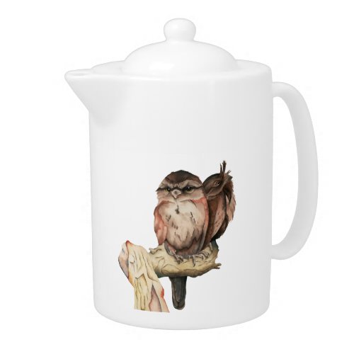 Owl Siblings Watercolor Portrait Teapot