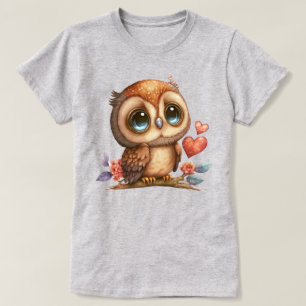 Owl Sitting on Branch with Heart and Flowers T-Shirt