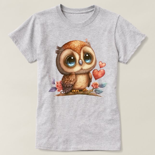 Owl Sitting on Branch with Heart and Flowers T-Shirt (Design Front)