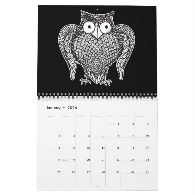 Owl Sketch Cartoon Calendar (Jan 2026)