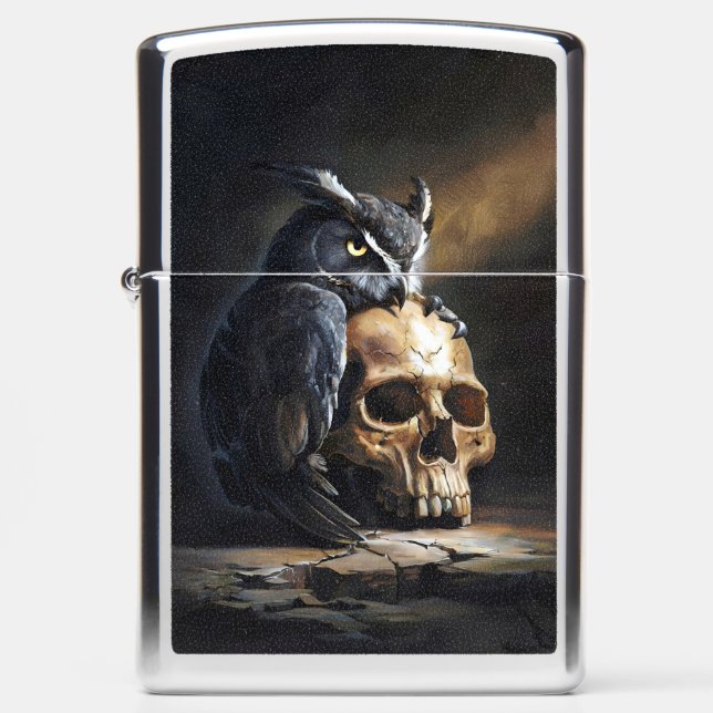 Owl, Skull, and Black Roses in Baroque Style Zippo Lighter (Front)