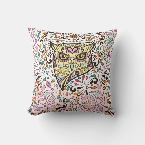 Owl Skull and Pink Purple Blue Mint Pillow