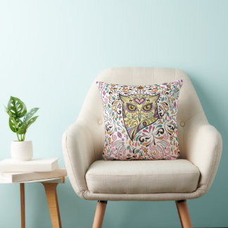 Owl Skull and Pink Purple Blue Mint Pillow