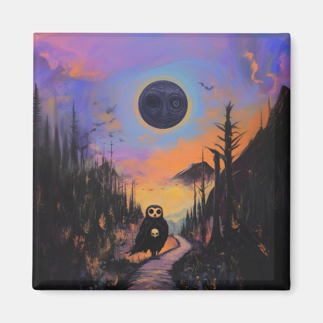 Owl Skull Black Moon Magic Mystical Witchy AI Art Magnet (Front)