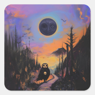 Owl Skull Black Moon Magic Mystical Witchy AI Art Square Sticker