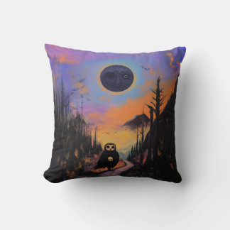 Owl Skull Black Moon Magic Mystical Witchy AI Art Throw Pillow