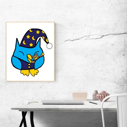 Owl Sleepy Blue with Teddy Bear Poster