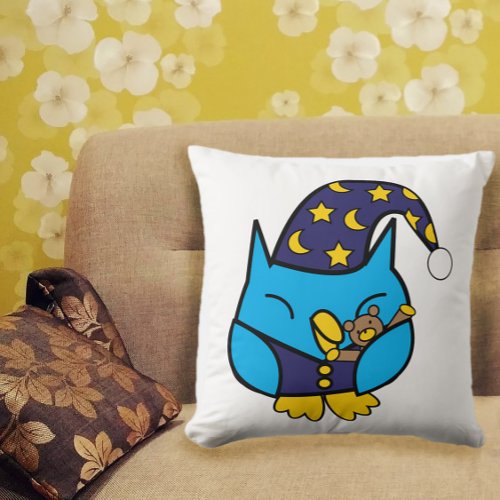 Owl Sleepy Night Cute Blue Throw Pillow