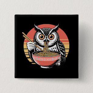 Owl Slurping Ramen Japanese Ukiyo-e Vintage Style Button