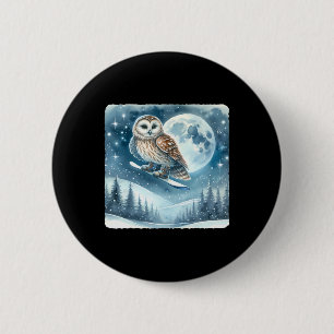 Owl Snowboarding Over Moonlit Snowy Landscape. Sno Button