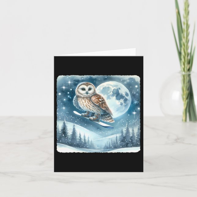 Owl Snowboarding Over Moonlit Snowy Landscape. Sno Card (Front)