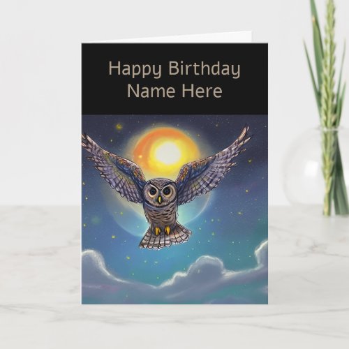 Owl Soars Above Clouds on Starry Moonlit Night Sky Card