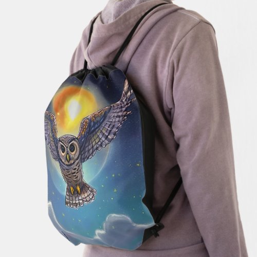 Owl Soars Above Clouds on Starry Moonlit Night Sky Drawstring Bag