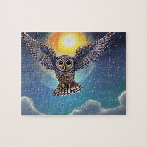Owl Soars Above Clouds on Starry Moonlit Night Sky Jigsaw Puzzle