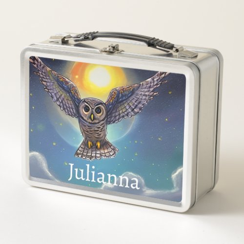 Owl Soars Above Clouds on Starry Moonlit Night Sky Metal Lunch Box