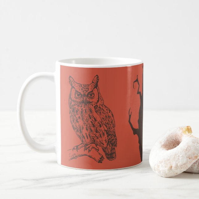 Owl & Spooky Tree Illustration Mug (With Donut)