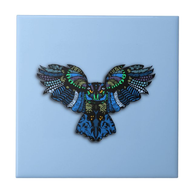 Owl Spreads Wings on Sky Blue Ceramic Tile (Front)