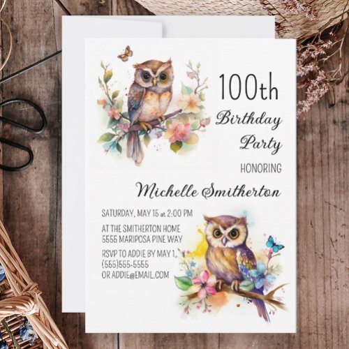 Owl Spring Flowers Butterflies 100th Birthday Invitation