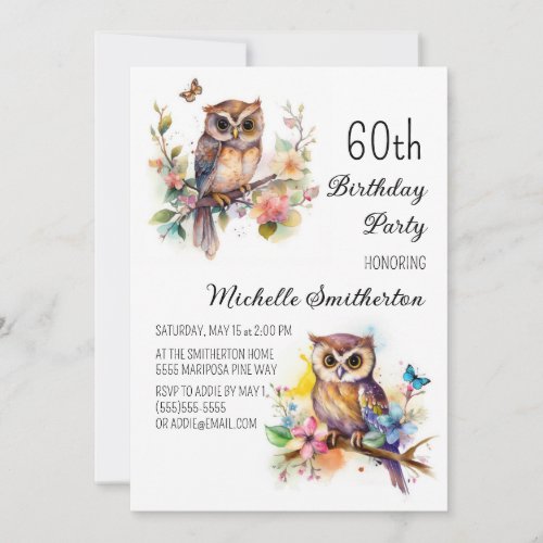 Owl Spring Flowers Butterflies 60th Birthday Invitation