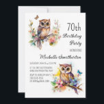 Owl Spring Flowers Butterflies 70th Birthday Invitation<br><div class="desc">70th birthday party invitation with paintings of a cute little owl sitting among blossoms in the branches of a tree. Contact me for assistance with your customizations or to request additional matching or coordinating Zazzle products for your celebration.</div>