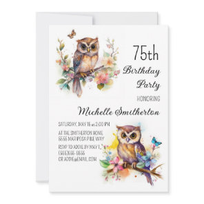 Owl Spring Flowers Butterflies 75th Birthday Invitation