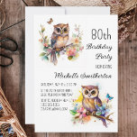 Owl Spring Flowers Butterflies 80th Birthday Invitation<br><div class="desc">80th birthday party invitation with paintings of a cute little owl sitting among blossoms in the branches of a tree. Contact me for assistance with your customizations or to request additional matching or coordinating Zazzle products for your celebration.</div>