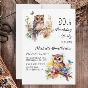 Owl Spring Flowers Butterflies 80th Birthday Invitation