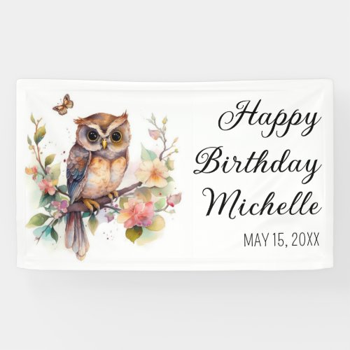 Owl Spring Flowers Butterflies Happy Birthday Name Banner