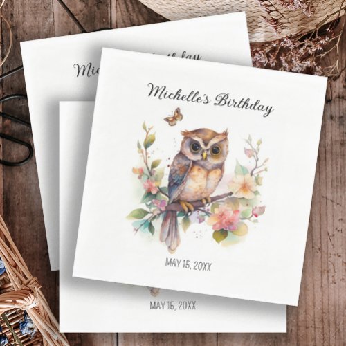 Owl Spring Flowers Butterflies Happy Birthday Name Napkins