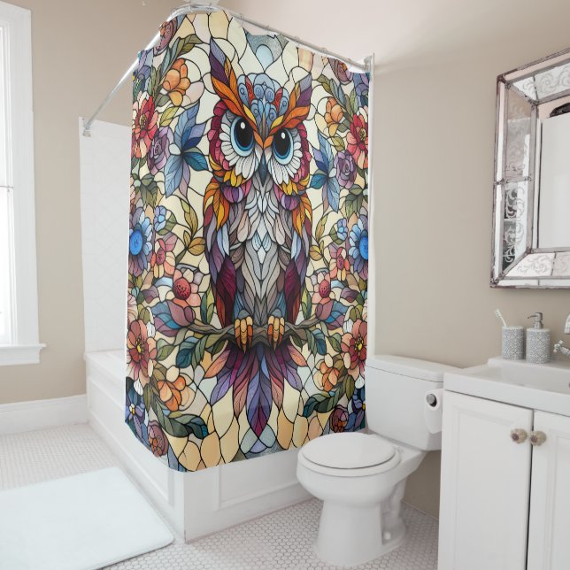 Owl Stained Glass Inspired  Shower Curtain (In Situ)
