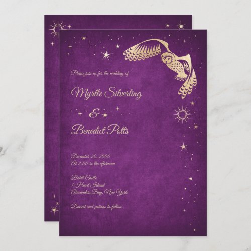 Owl Stars Wizard Purple Magic Wedding Invitation